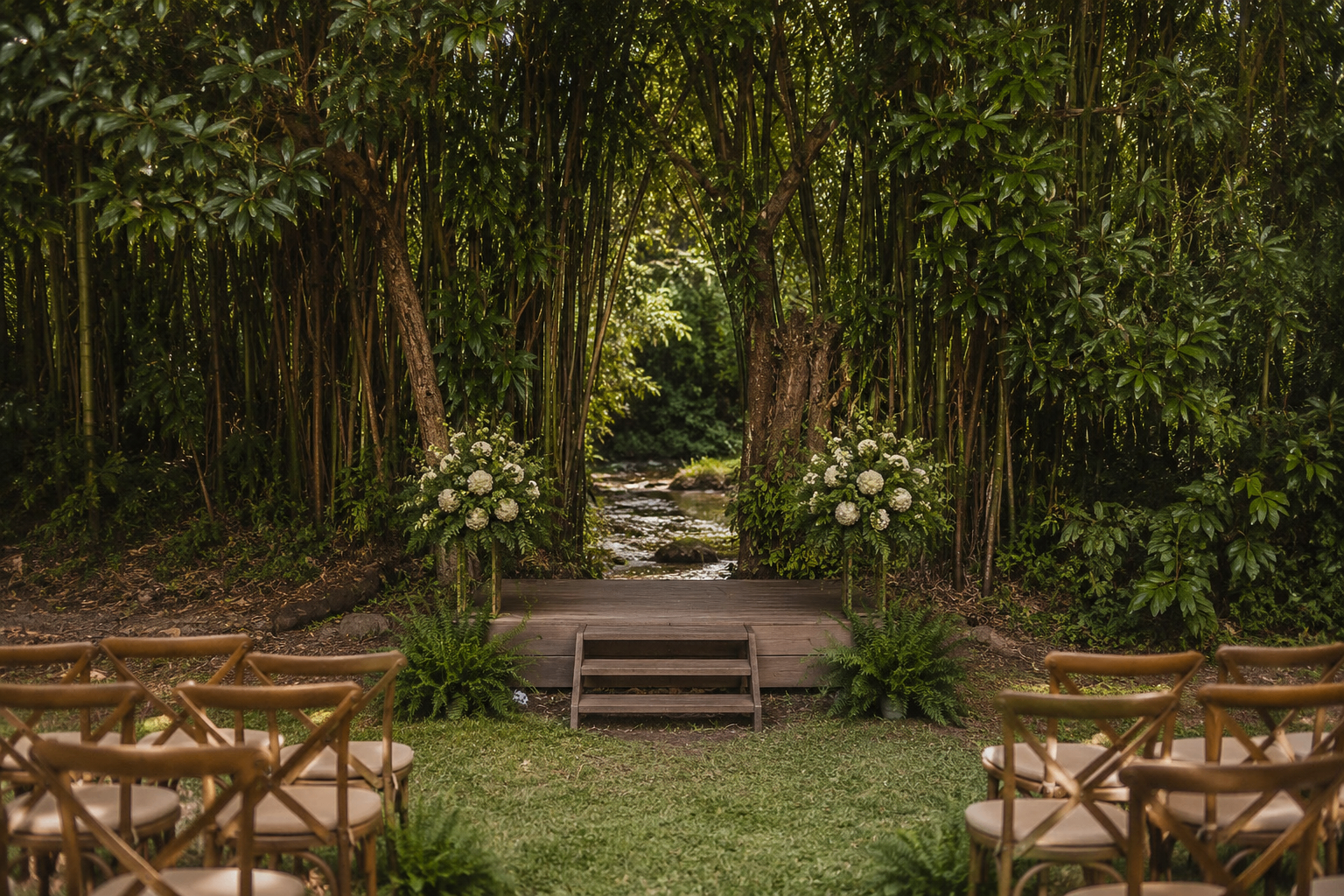 Creekside micro wedding altar framed by bamboo with ceremony chairs and white floral arrangements