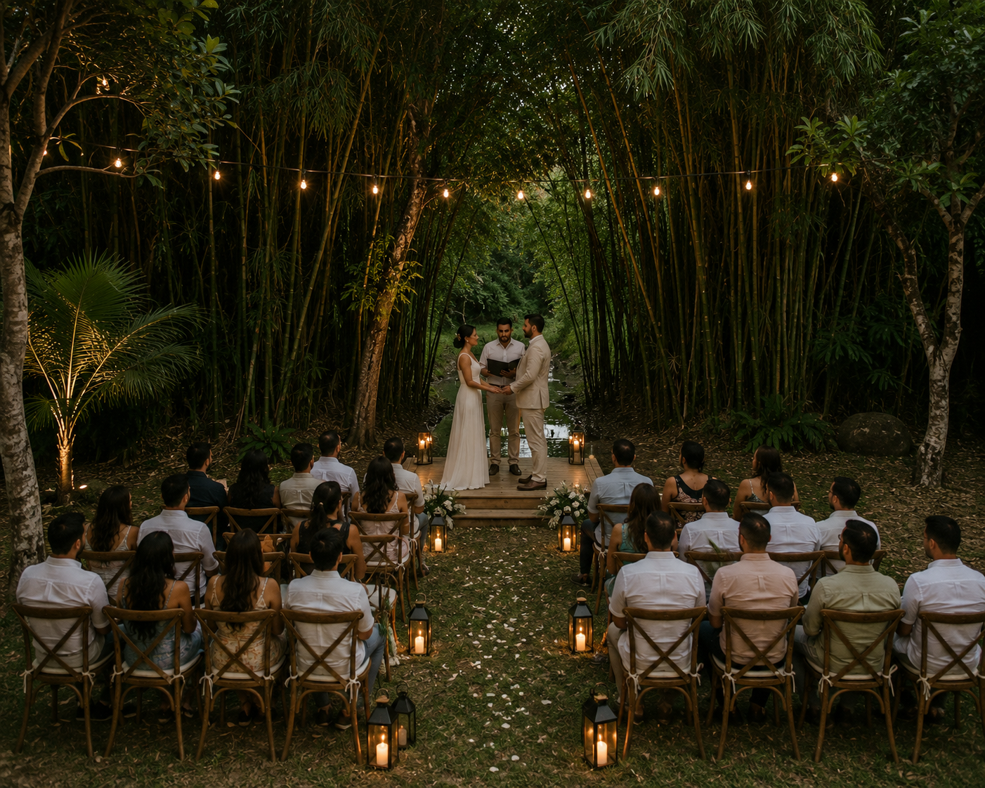 Micro wedding ceremony in the bamboo grove with seated guests, warm lanterns, and a creekside backdrop
