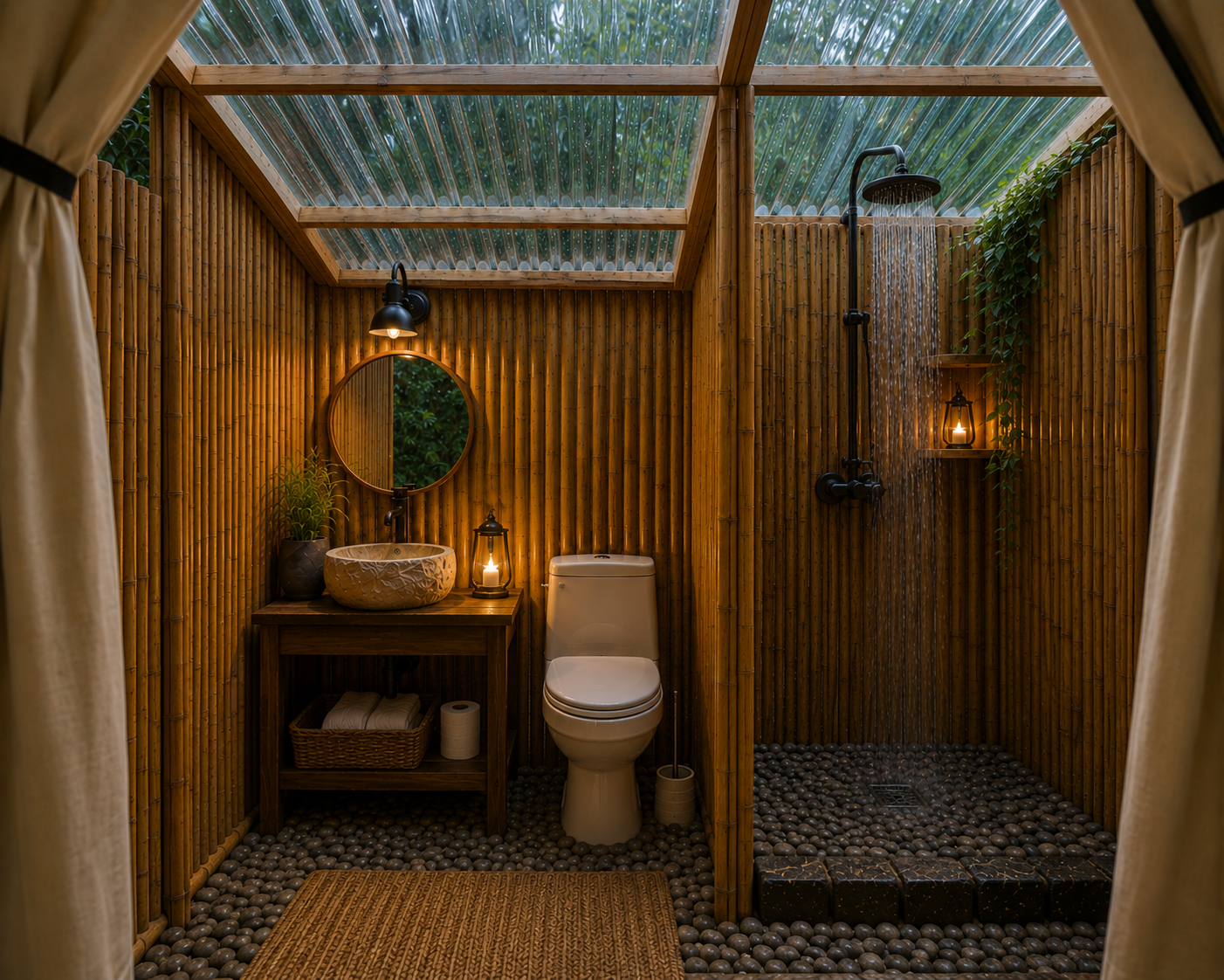 Inside the bamboo outdoor bathroom — bamboo screens, rain shower, stone vessel sink and tropical garden beyond
